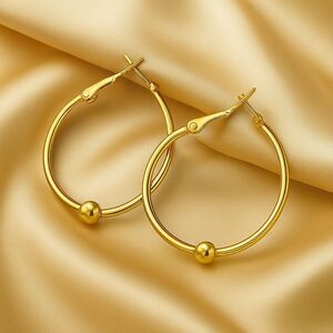 Polished Gold Hoop Earrings with Bead Accent – Elegant Everyday Jewelry